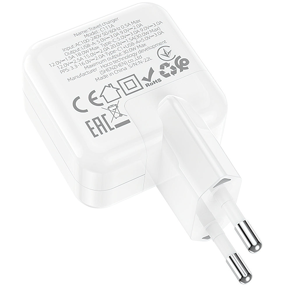 Carregador de rede BLUE Power BC111A, 30W, 3A, 1 x USB-A - 1 x USB-C, branco