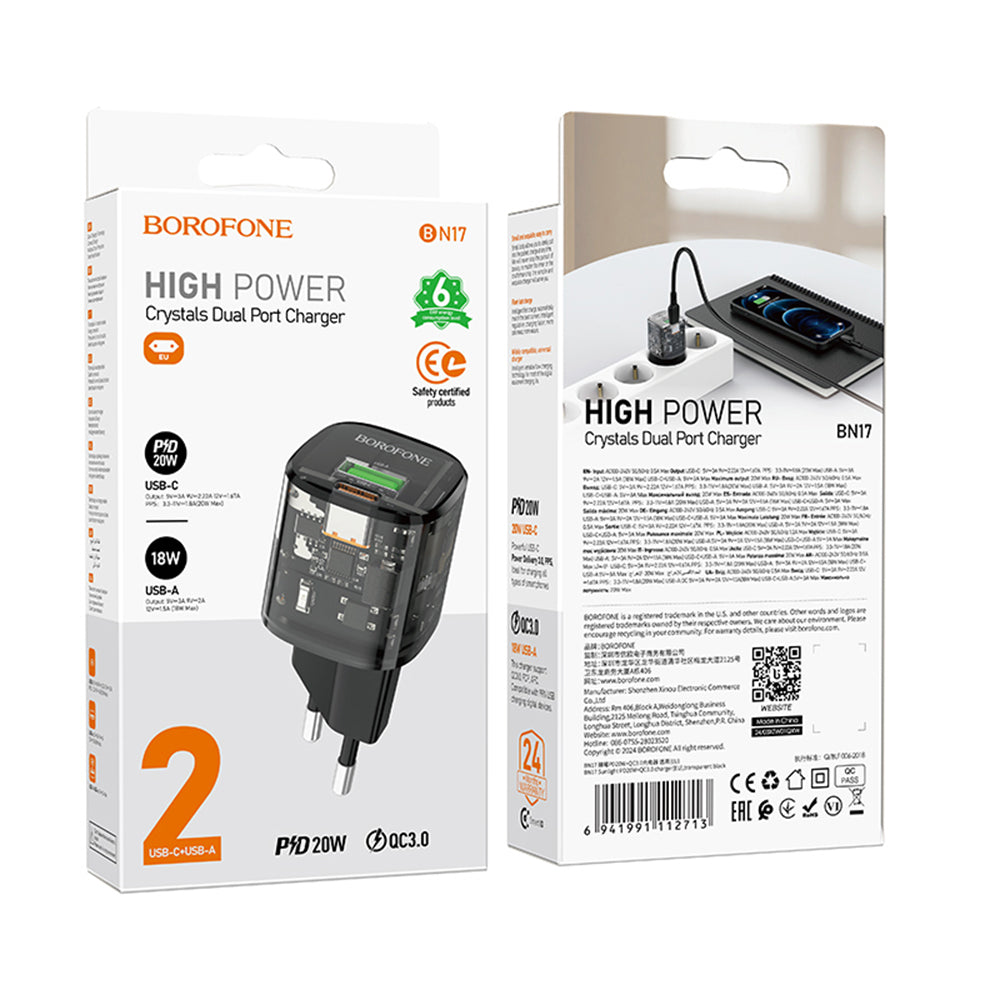 Carregador de Rede Borofone BN17 Sunlight, 20W, 3A, 1 x USB-A - 1 x USB-C, Preto