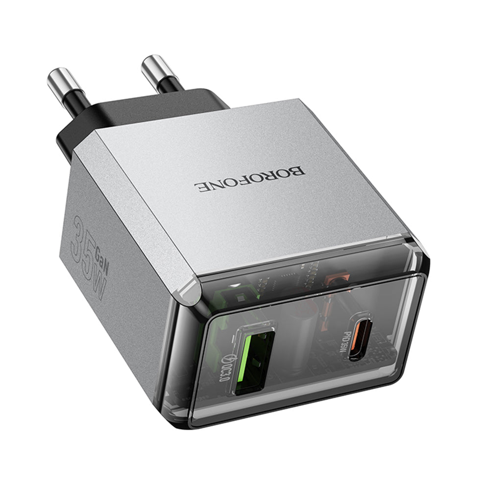Carregador de Rede Borofone BN20 Lena, 35W, 3A, 1 x USB-A - 1 x USB-C, Cinzento