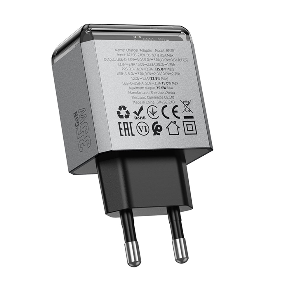 Carregador de Rede Borofone BN20 Lena, 35W, 3A, 1 x USB-A - 1 x USB-C, Cinzento
