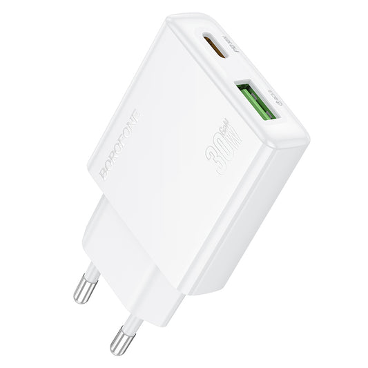 Carregador de rede Borofone BN25 Wish, 30W, 3A, 1 x USB-A - 1 x USB-C, branco
