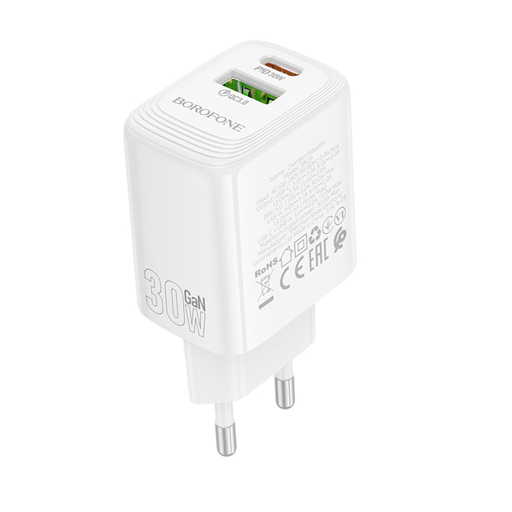 Carregador de Rede Borofone BN29 Fuente, 30W, 3A, 1 x USB-A - 1 x USB-C, Branco