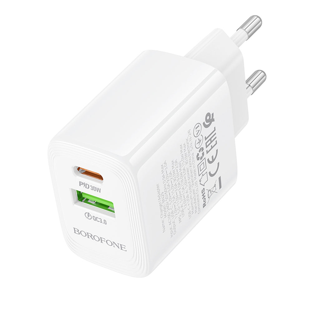 Carregador de Rede Borofone BN29 Fuente, 30W, 3A, 1 x USB-A - 1 x USB-C, Branco