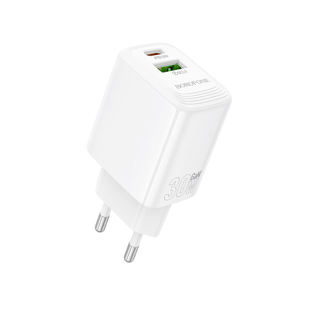 Carregador de Rede Borofone BN29 Fuente, 30W, 3A, 1 x USB-A - 1 x USB-C, Branco