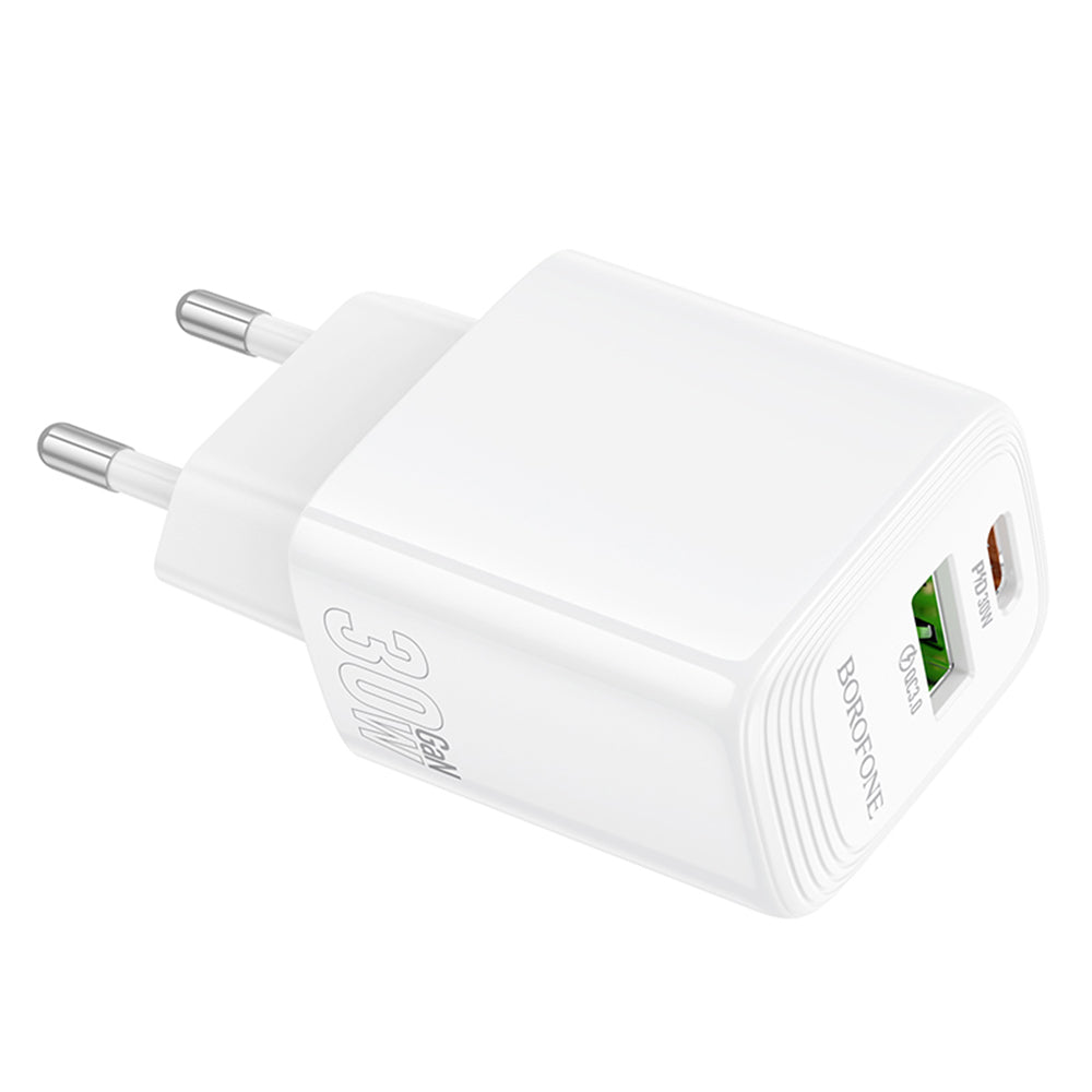 Carregador de Rede Borofone BN29 Fuente, 30W, 3A, 1 x USB-A - 1 x USB-C, Branco