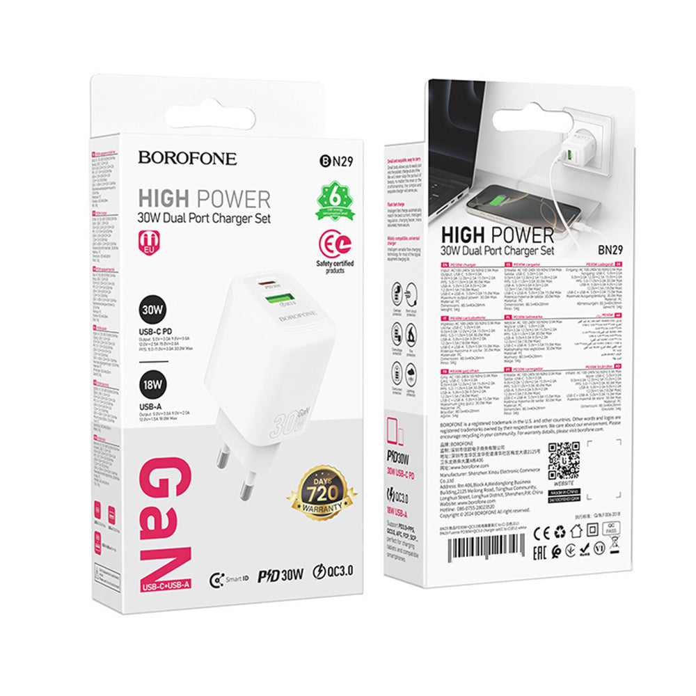 Carregador de Rede Borofone BN29 Fuente, 30W, 3A, 1 x USB-A - 1 x USB-C, Branco