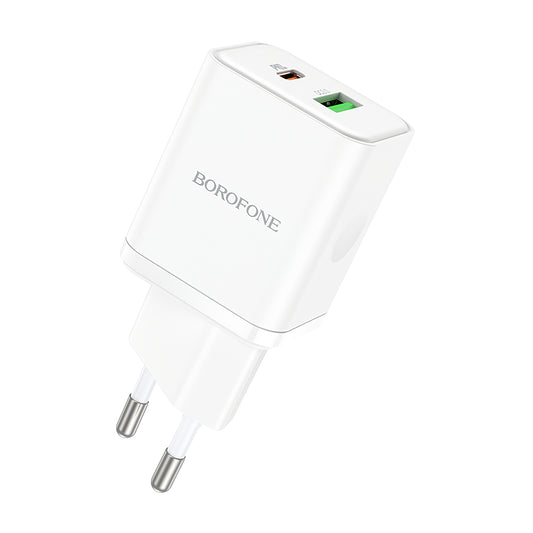 Carregador de rede Borofone BN7, 20W, 3A, 1 x USB-A - 1 x USB-C, branco