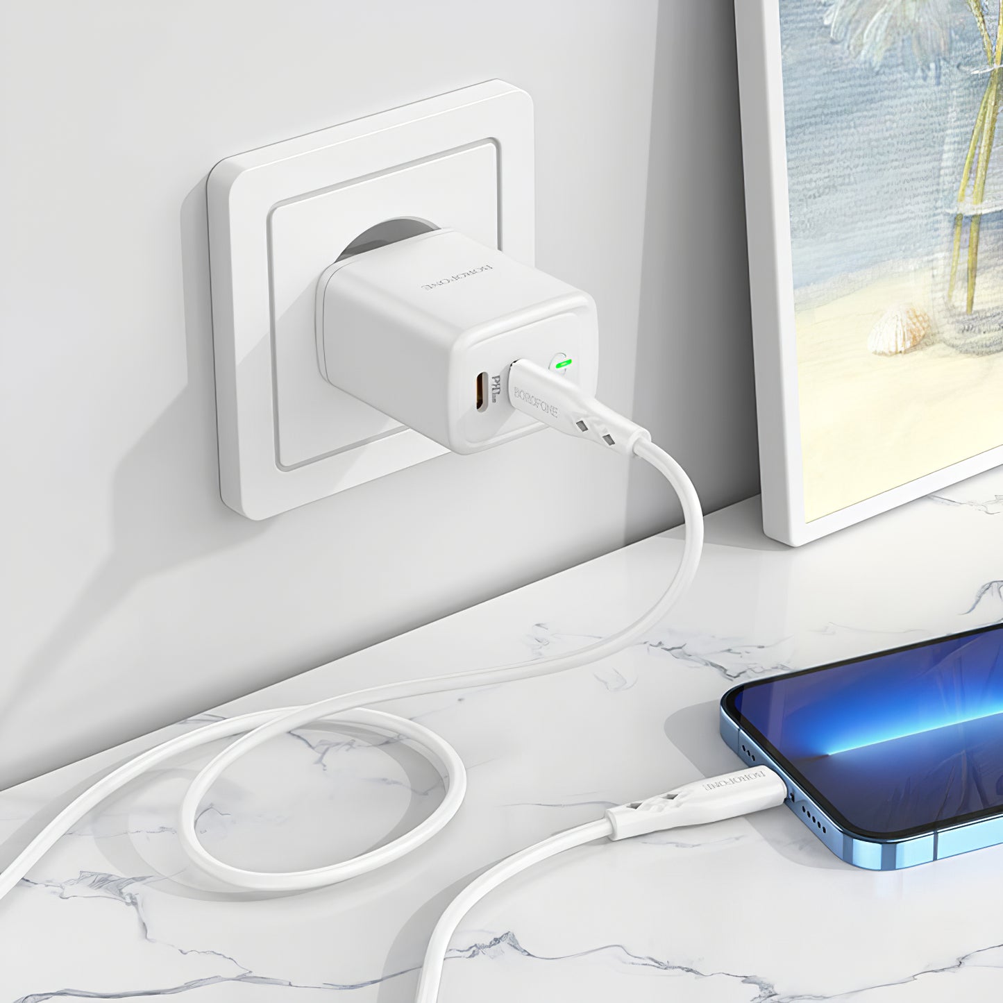 Carregador de rede Borofone BN9, 35W, 3A, 2 x USB-C, branco