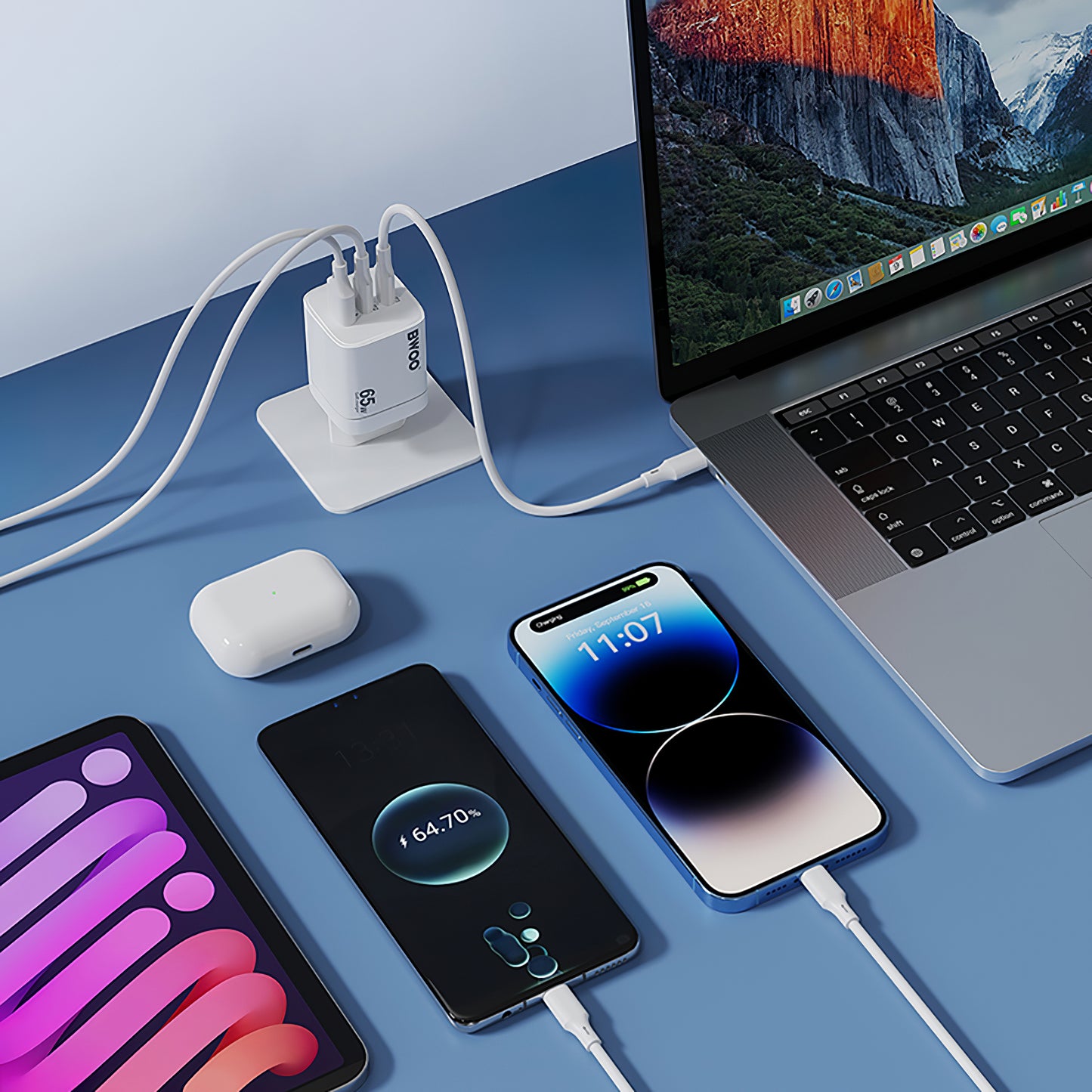 Carregador de Rede BWOO CDA147, 65W, 4.5A, 1 x USB-A - 2 x USB-C, Branco