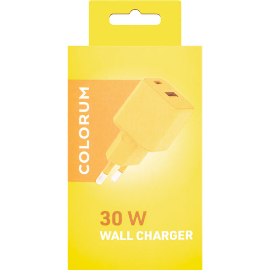 Carregador de rede Colorum CLS30-AC-05, 30W, 3A, 1 x USB-A - 1 x USB-C, amarelo