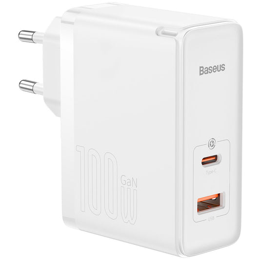 Carregador de Rede com Cabo USB-C Baseus GaN5 Pro, 100W, 3A, 1 x USB-A - 1 x USB-C, Branco CCGP090202