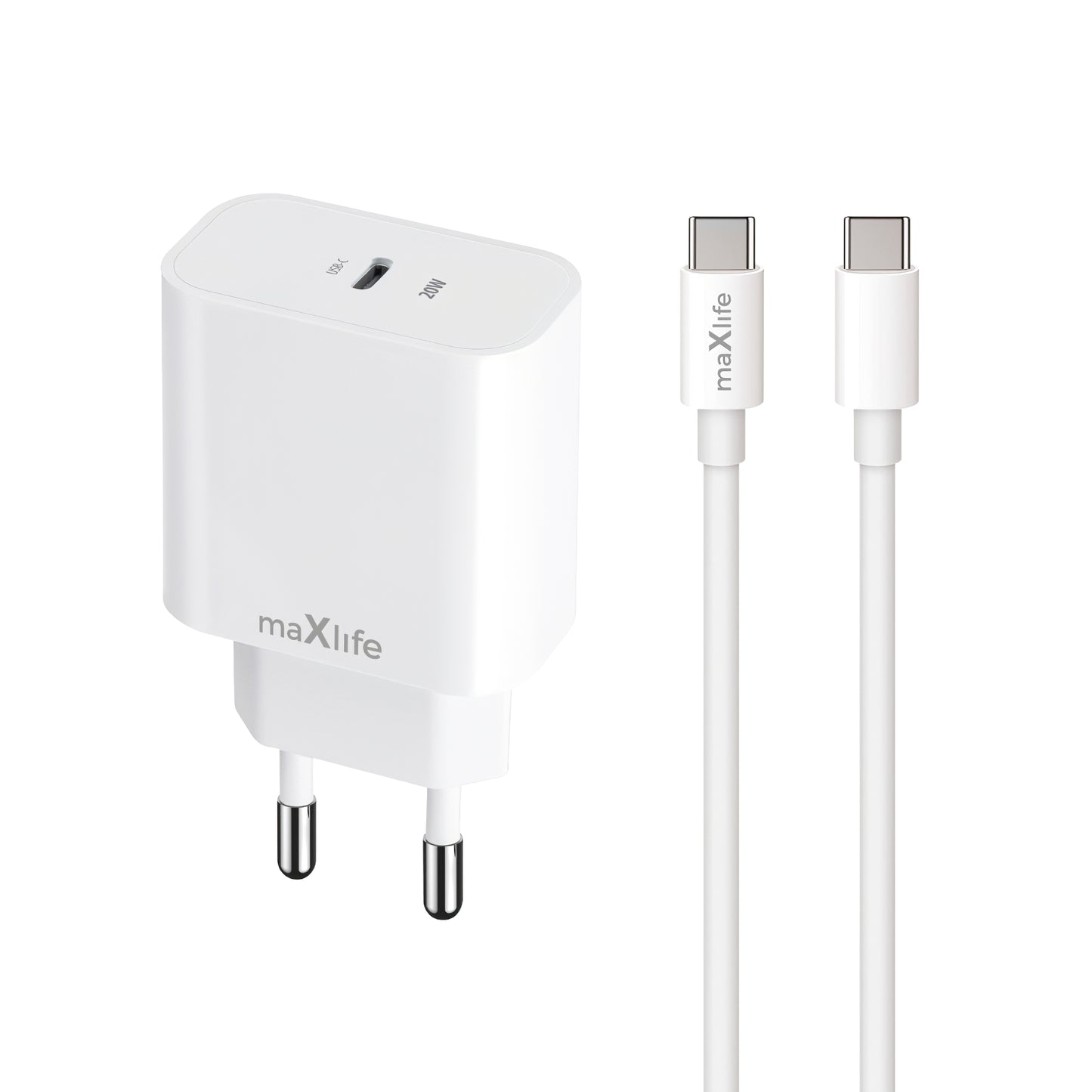 Carregador de Rede com Cabo USB-C MaXlife MXTC-06-20C, 20W, 3A, 1 x USB-C, Branco