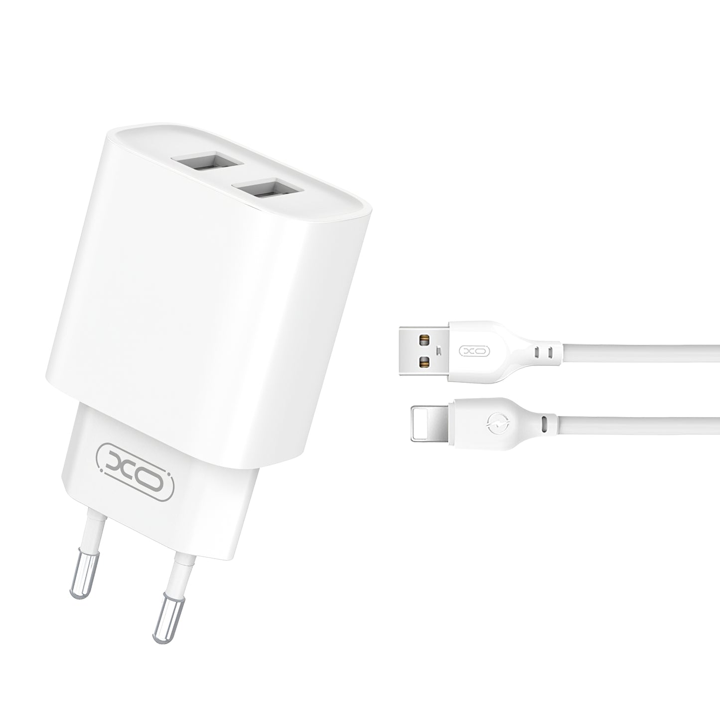Carregador de rede com cabo Lightning XO Design CE02C, 10,5 W, 2,1 A, 2 x USB-A, branco