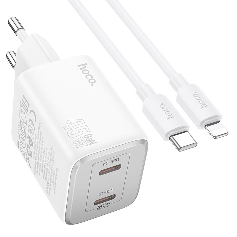 Carregador de rede com cabo Lightning HOCO N42, 45W, 3A, 2 x USB-C, branco
