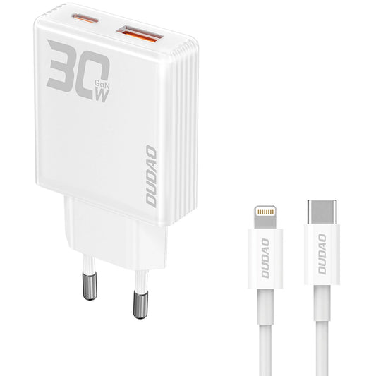 Carregador de rede Dudao A30EUL com cabo Lightning, 30W, 3A, 1 x USB-A - 1 x USB-C, branco