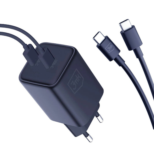 Carregador de rede 3MK HyperCharger com cabo USB-C, 45W, 3A, 2 x USB-C, preto
