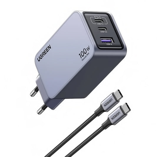 UGREEN X757 Carregador de rede com cabo USB-C Nexode Pro, 100 W, 3 A, 1 x USB-A - 2 x USB-C, cinzento