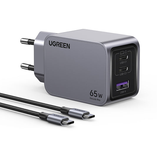Carregador de Rede com Cabo USB-C UGREEN X755 Nexode Pro, 65W, 3A, 1 x USB-A - 2 x USB-C, Cinzento