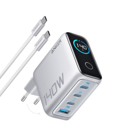 Carregador de Rede com Cabo USB-C Anker Zolo, 140W, 5A, 1 x USB-A - 3 x USB-C, Prateado B2697G41