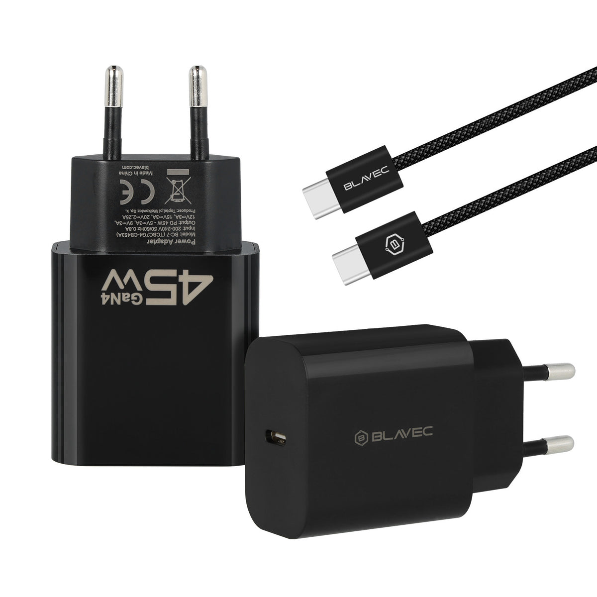 Carregador de Rede com Cabo USB-C Blavec BC-7, 45W, 3A, 1 x USB-C, Preto