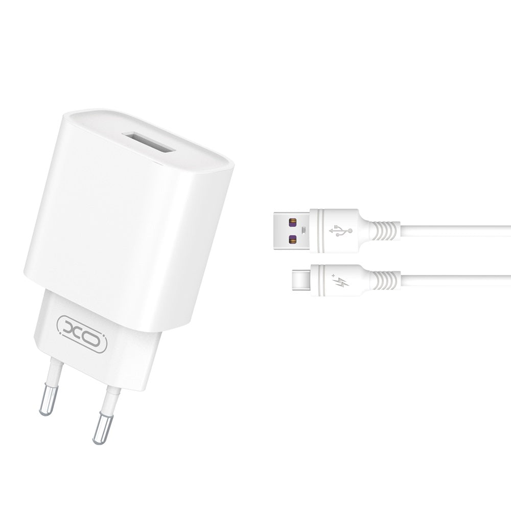Carregador de Rede com Cabo USB-C XO Design CE02D, 18W, 3A, 1 x USB-A, Branco