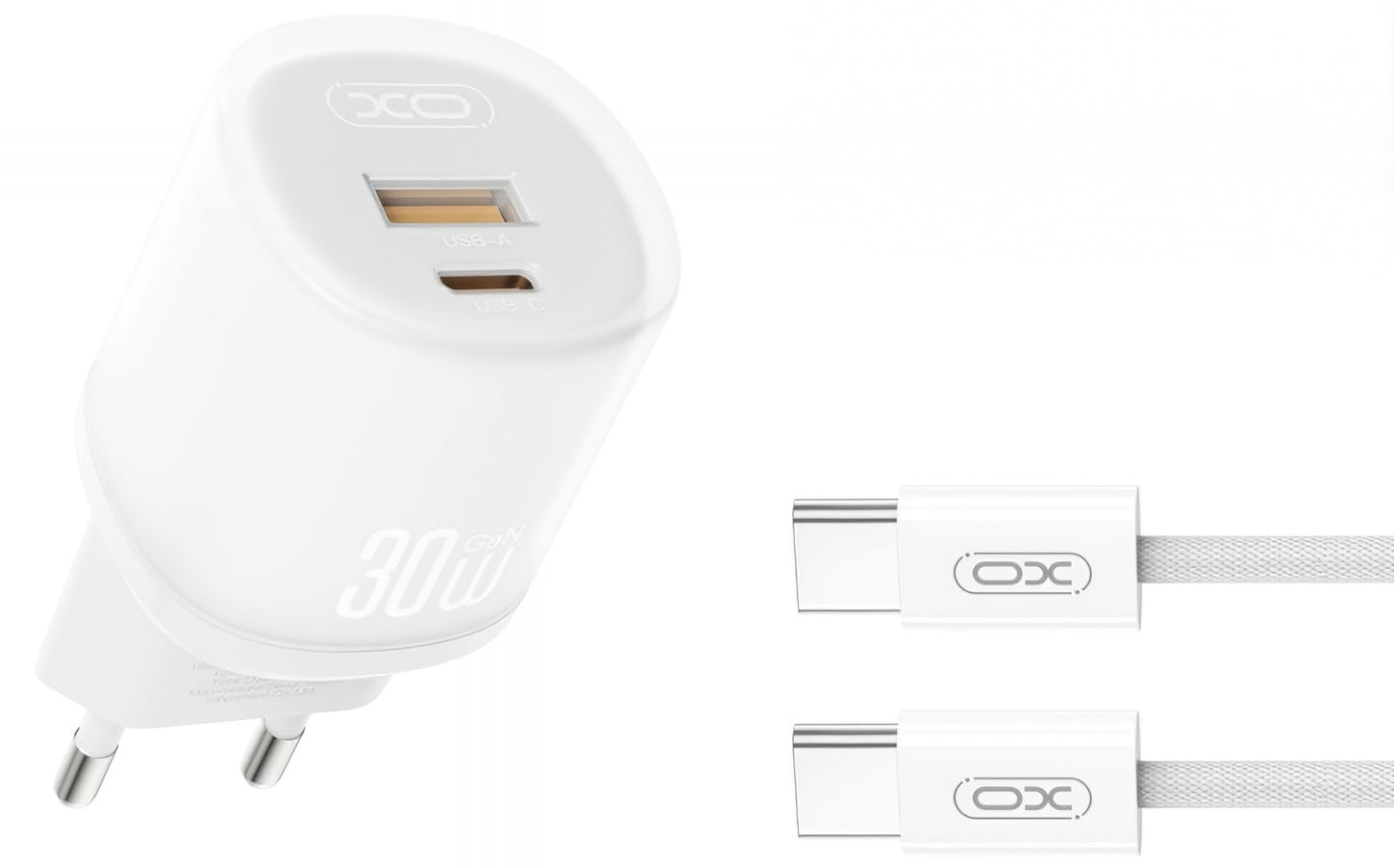 Carregador de Rede com Cabo USB-C XO Design L151, 30W, 3A, 1 x USB-A - 1 x USB-C, Branco