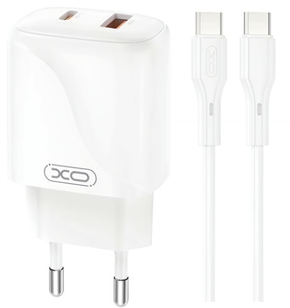 Carregador de Rede com Cabo USB-C XO Design L158, 20W, 3A, 1 x USB-A - 1 x USB-C, Branco