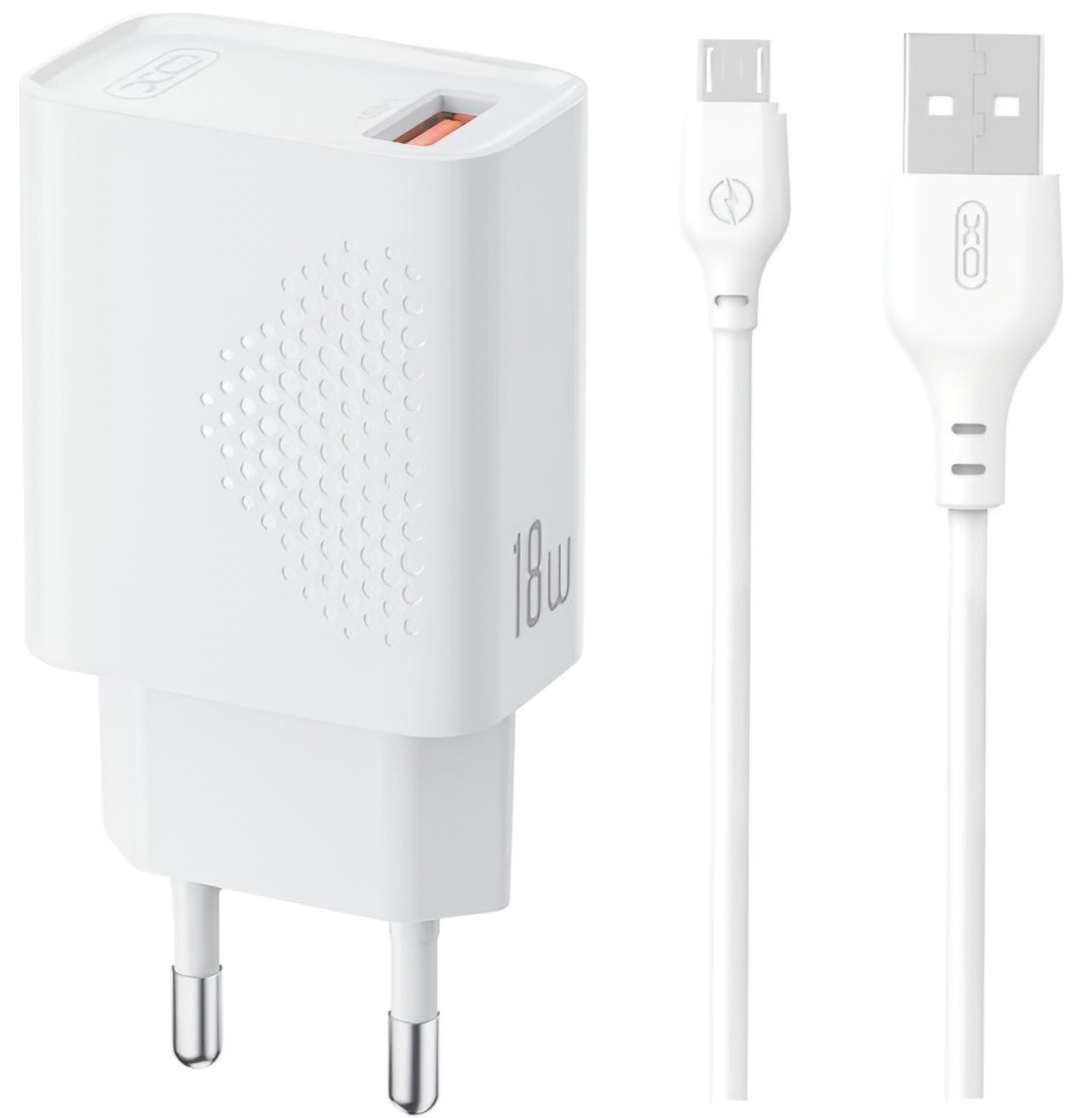 Carregador de Rede com Cabo microUSB XO Design L159, 18W, 3A, 1 x USB-A, Branco