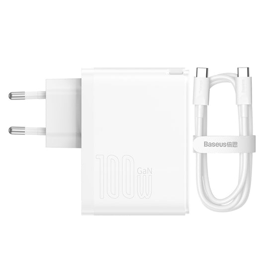 Carregador de Rede com Cabo USB-C Baseus GaN5 Pro, 100W, 3A, 1 x USB-A - 1 x USB-C, Branco CCGP090202