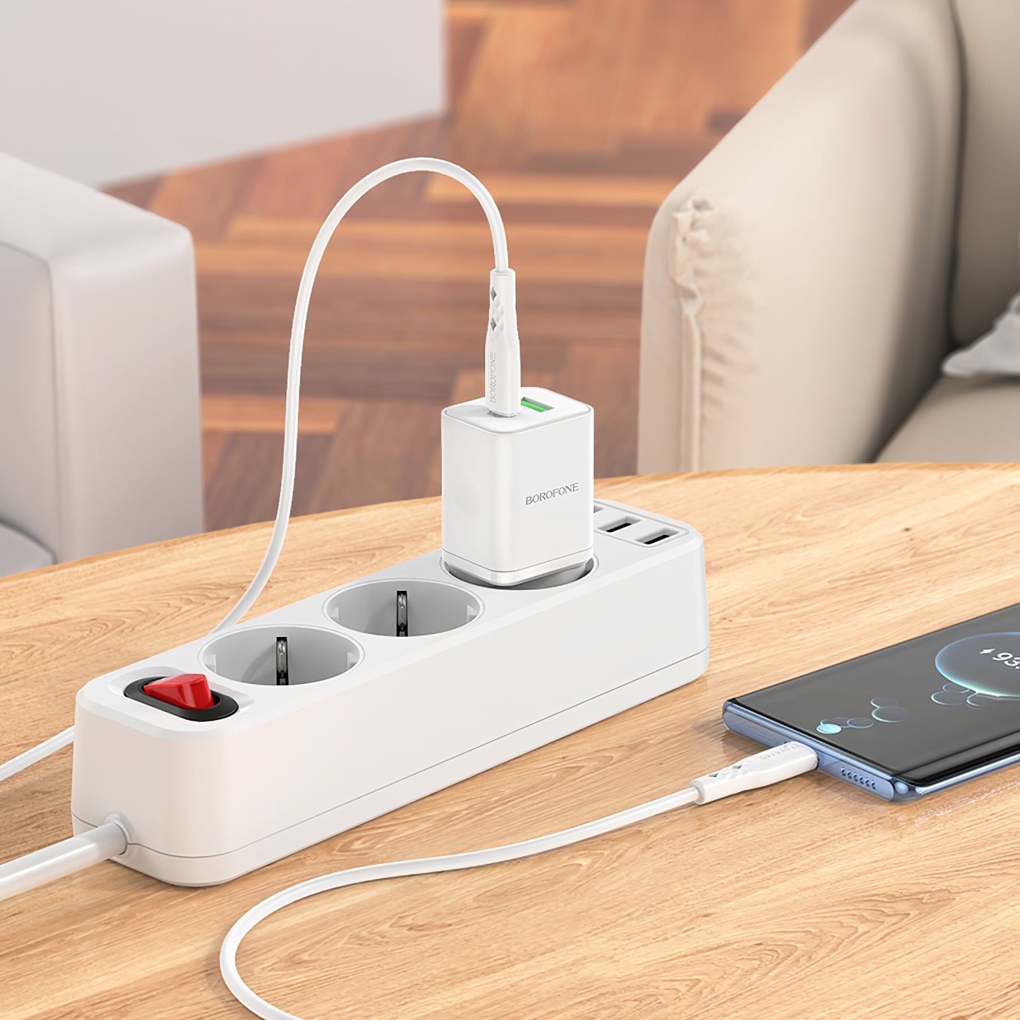 Carregador de rede com cabo USB-C Borofone BN7, 20W, 3A, 1 x USB-A - 1 x USB-C, branco