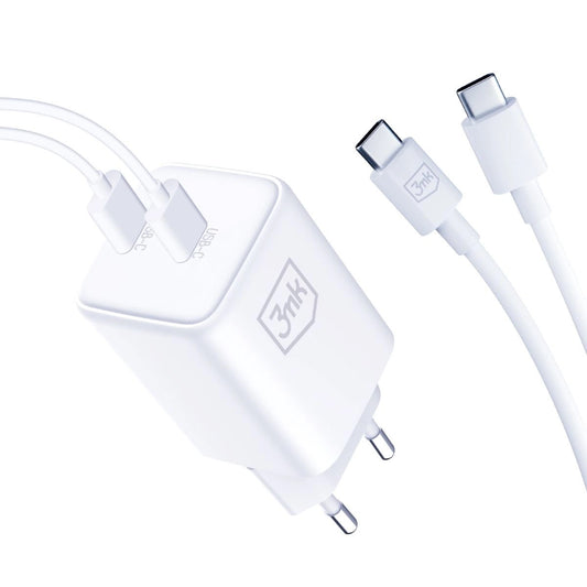Carregador de rede 3MK HyperCharger com cabo USB-C, 45W, 3A, 2 x USB-C, branco