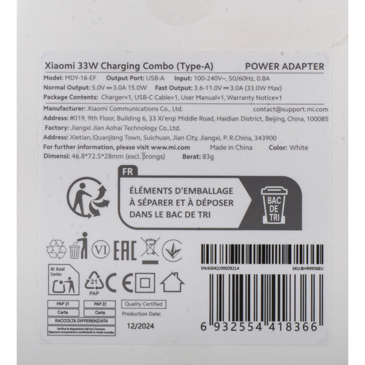 Carregador de Rede com Cabo USB-C Xiaomi, 33W, 3A, 1 x USB-A, Branco BHR9956EU