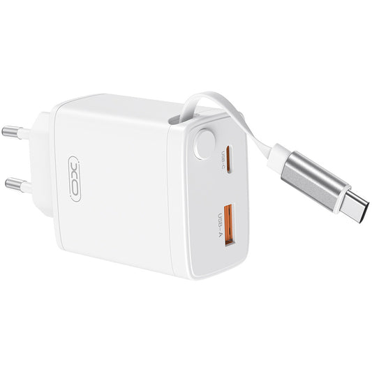 Carregador de Rede com Cabo USB-C XO Design CE31, 30W, 3A, 1 x USB-A - 1 x USB-C, Branco