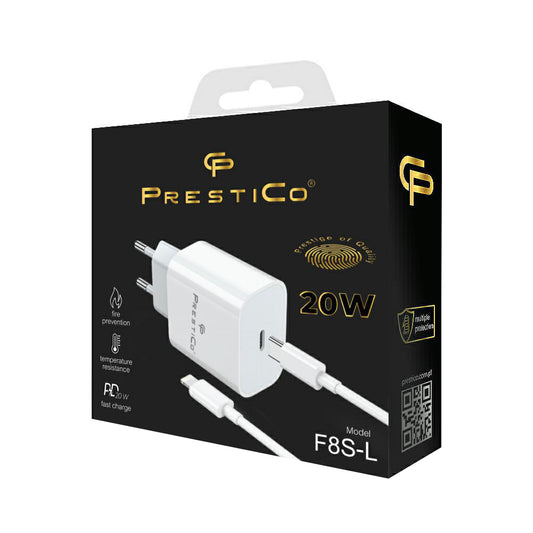 Carregador de Rede com Cabo Lightning Prestico F8S, 20W, 3A, 1 x USB-C, Branco
