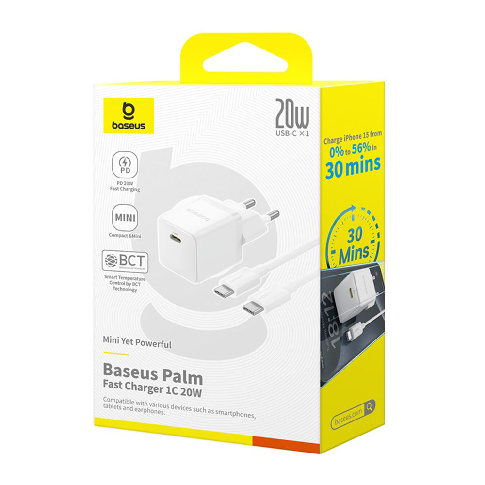 Carregador de Rede com Cabo USB-C Baseus Palm, 20W, 3A, 1 x USB-C, Branco P10111602213-01