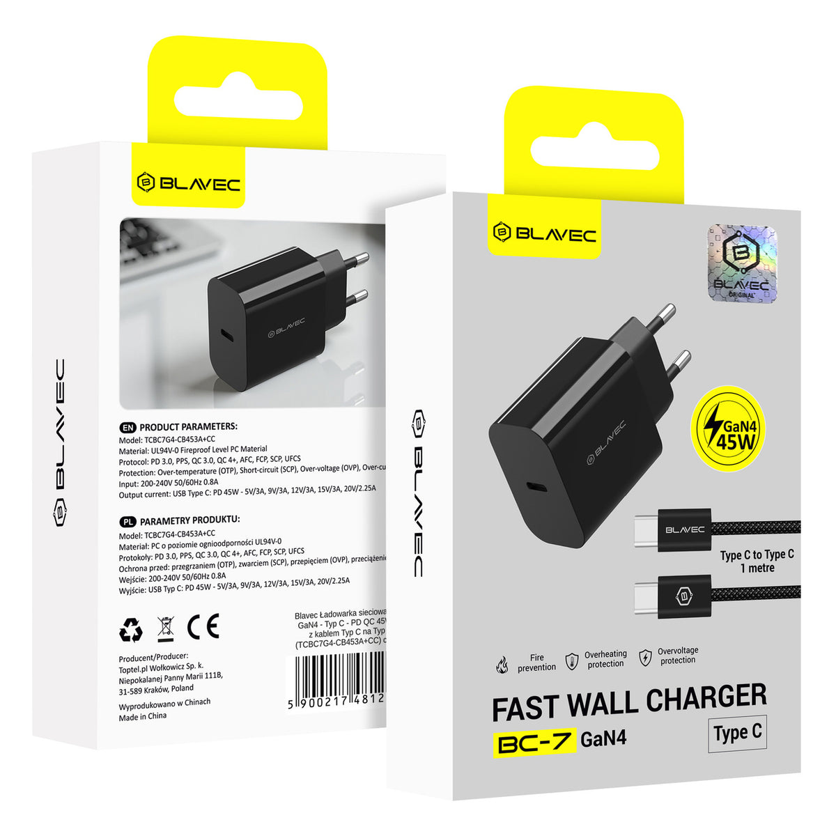 Carregador de Rede com Cabo USB-C Blavec BC-7, 45W, 3A, 1 x USB-C, Preto