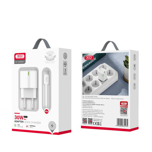 Carregador de Rede com Cabo USB-C XO Design CE06, 30W, 3A, 1 x USB-C, Branco