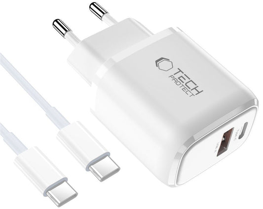 Carregador de Rede com Cabo USB-C Tech-Protect NCA45W, 45W, 3A, 1 x USB-A - 1 x USB-C, Branco