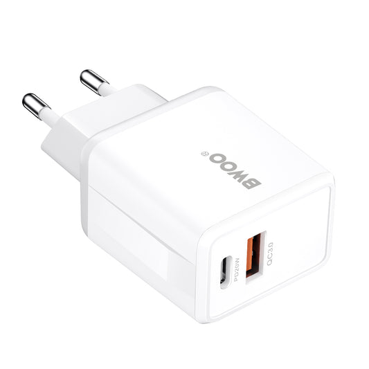 Carregador de Rede com Cabo USB-C BWOO CDA182, 38W, 3A, 1 x USB-A - 1 x USB-C, Branco