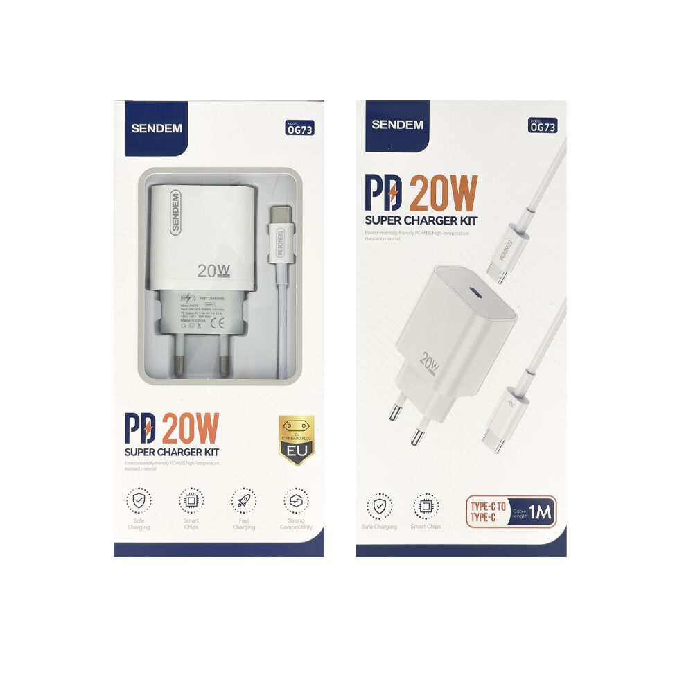Carregador de Rede com Cabo USB-C Sendem OG73, 20W, 3A, 1 x USB-C, Branco