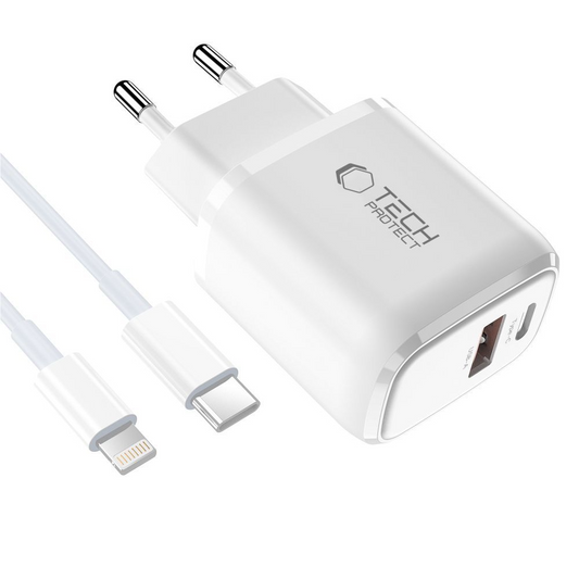 Carregador de Rede com Cabo Lightning Tech-Protect NCA20, 20W, 3A, 1 x USB-A - 1 x USB-C, Branco