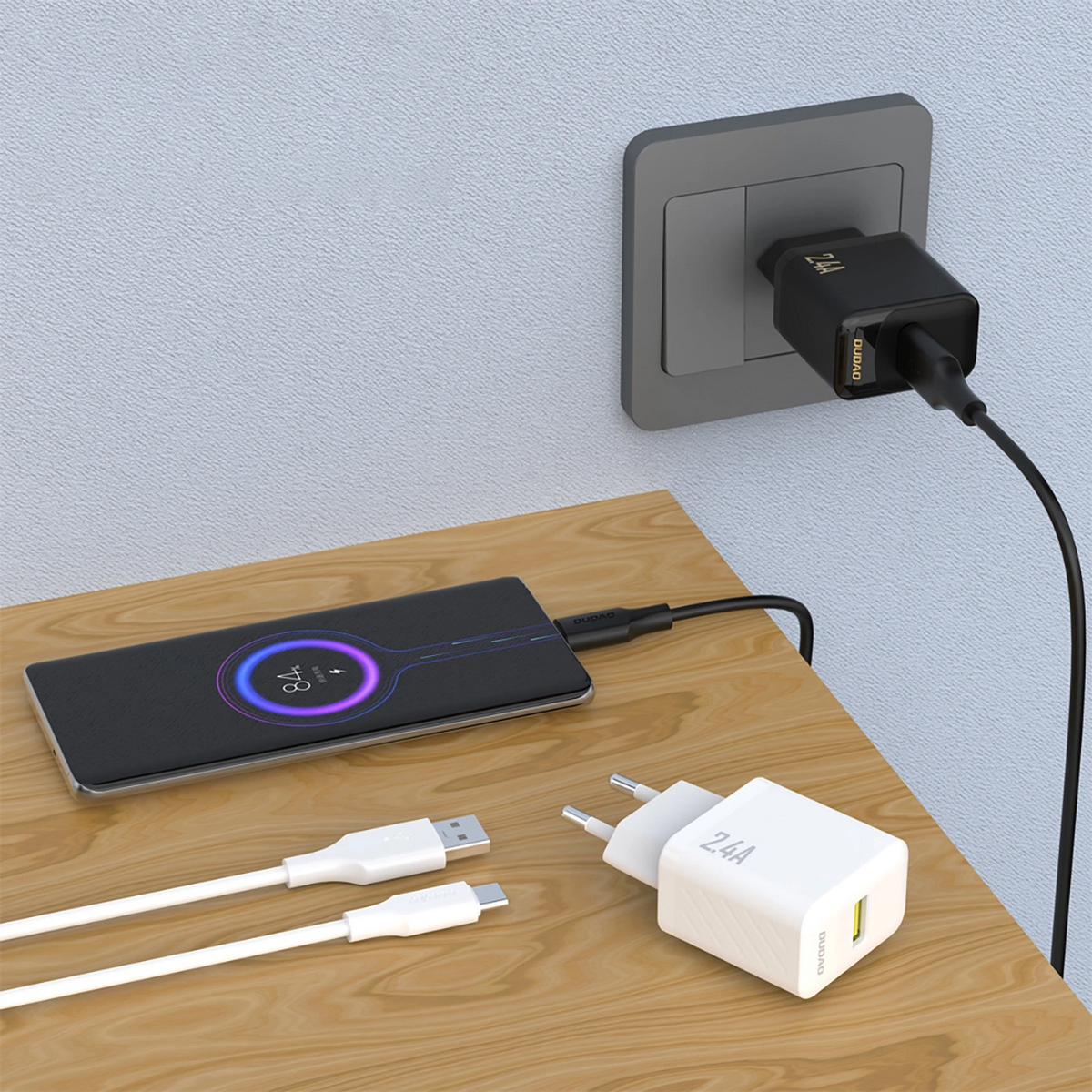 Carregador de Rede com Cabo USB-C Dudao A23TEU, 12W, 2.4A, 1 x USB-A, Branco