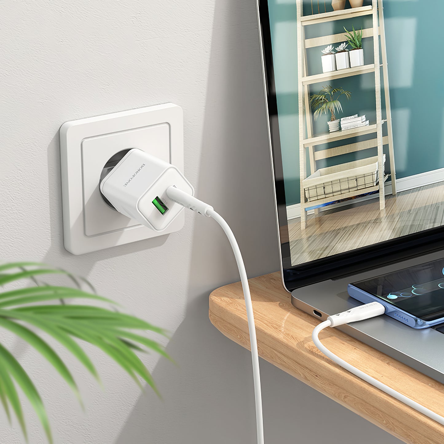 Carregador de rede com cabo USB-C Borofone BN7, 20W, 3A, 1 x USB-A - 1 x USB-C, branco