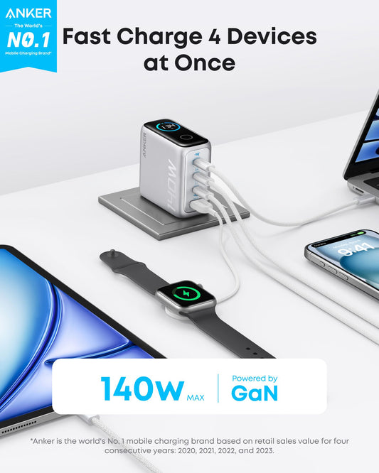 Carregador de Rede com Cabo USB-C Anker Zolo, 140W, 5A, 1 x USB-A - 3 x USB-C, Prateado B2697G41