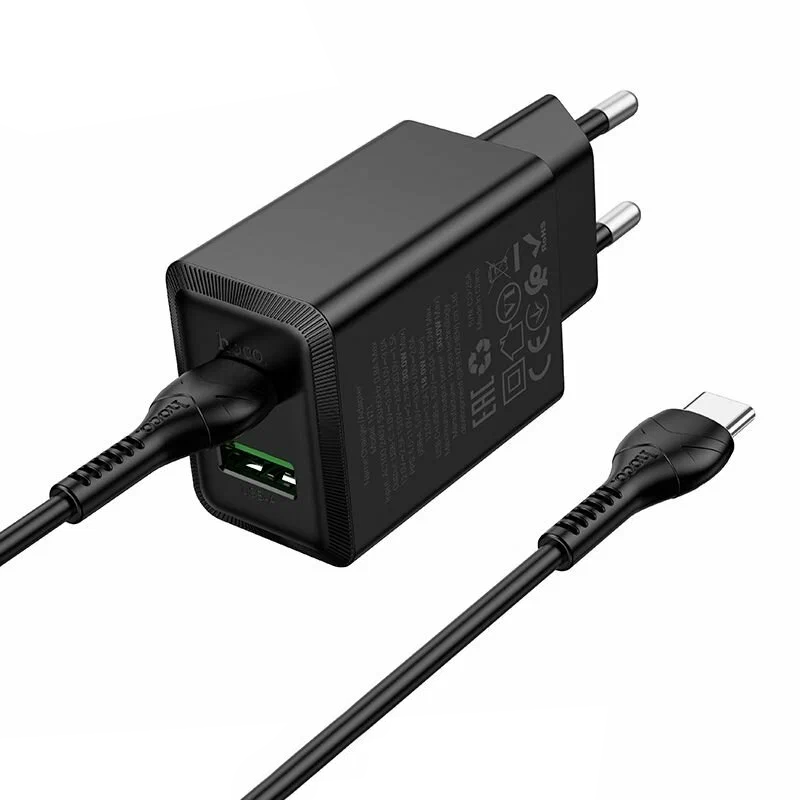 Carregador de Rede com Cabo USB-C HOCO N71, 30W, 3A, 1 x USB-A - 1 x USB-C, Preto