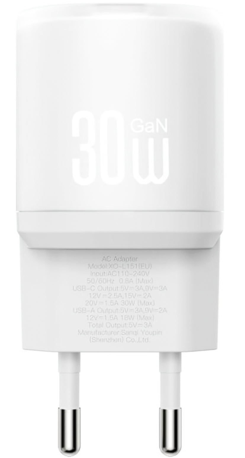 Carregador de Rede com Cabo USB-C XO Design L151, 30W, 3A, 1 x USB-A - 1 x USB-C, Branco