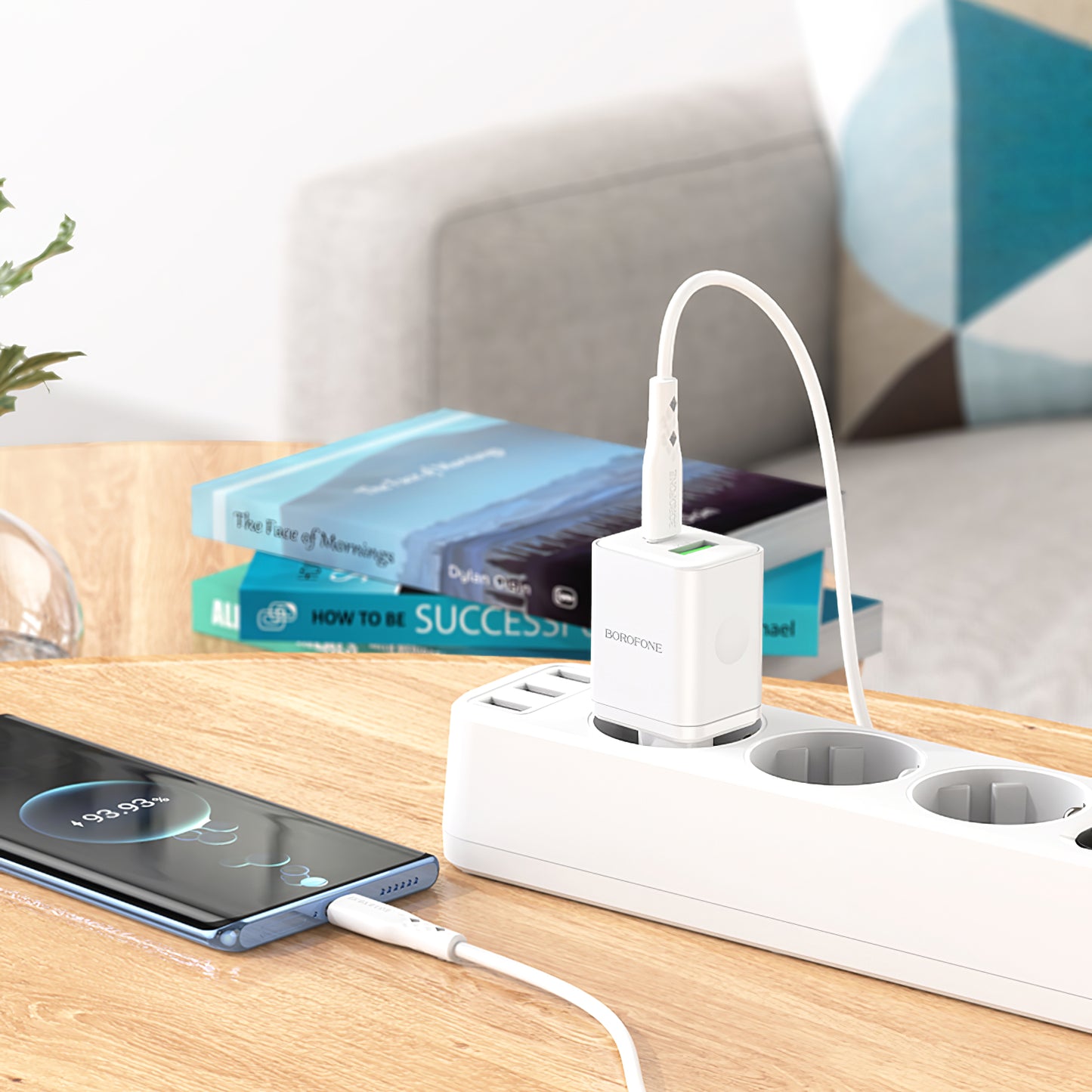 Carregador de rede com cabo USB-C Borofone BN7, 20W, 3A, 1 x USB-A - 1 x USB-C, branco