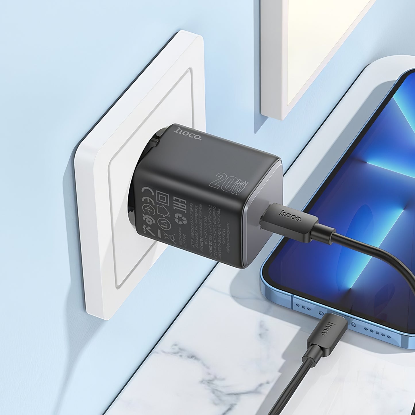 Carregador de rede com cabo Lightning HOCO N40, 20W, 3A, 1 x USB-C, preto