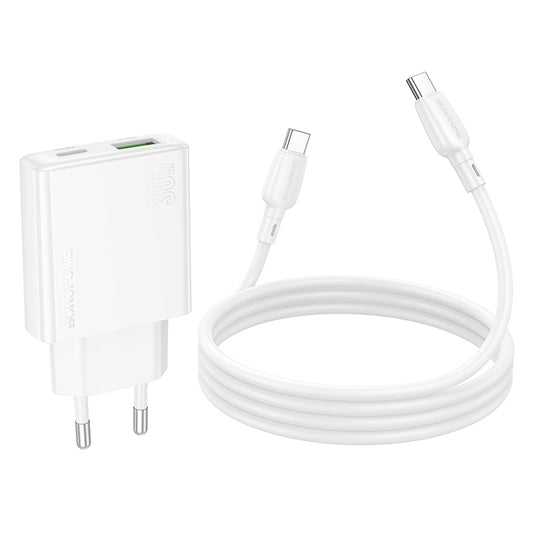 Carregador de rede com cabo USB-C Borofone BN25 Wish, 30W, 3A, 1 x USB-A - 1 x USB-C, branco