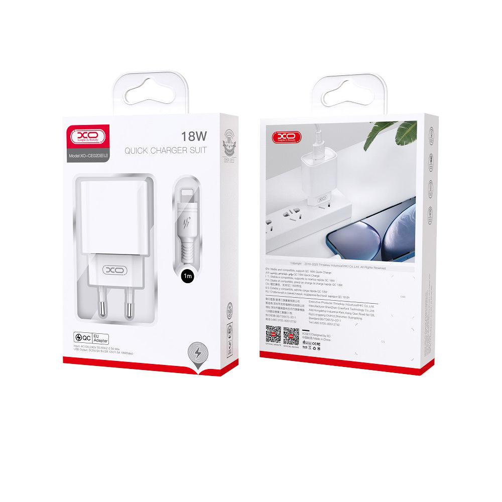 Carregador de Rede com Cabo USB-C XO Design CE02D, 18W, 3A, 1 x USB-A, Branco